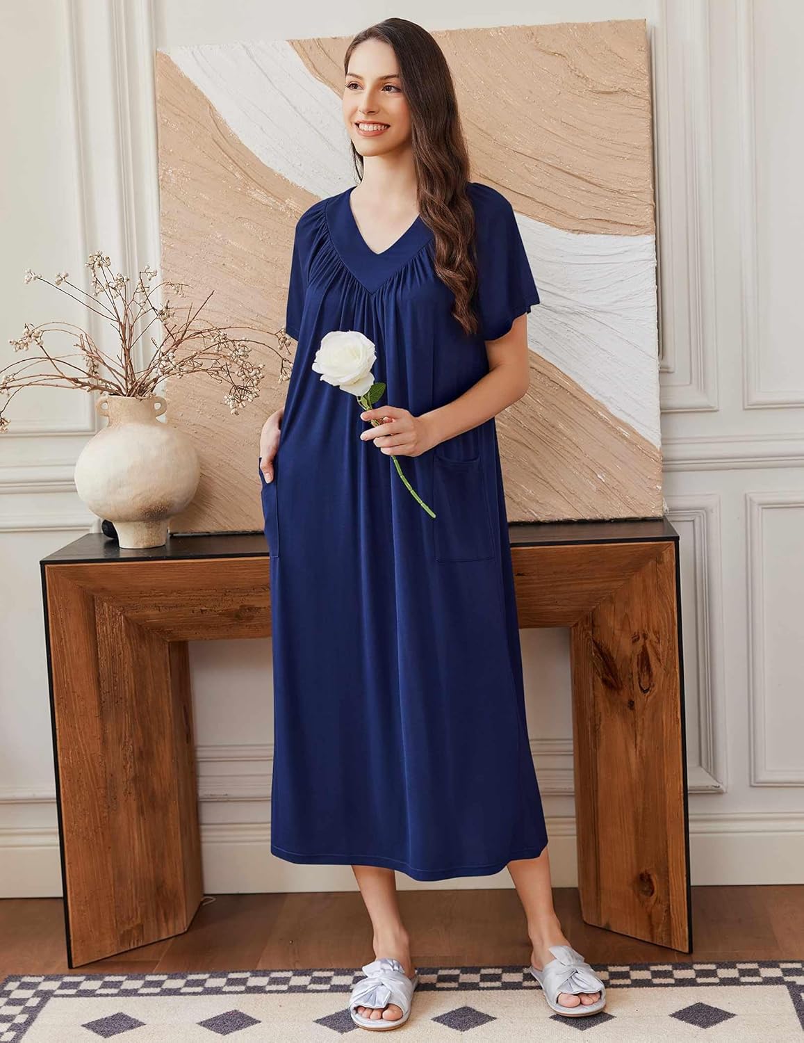 Navy long nightgown with short sleeves, V-neck and gathered yoke detail