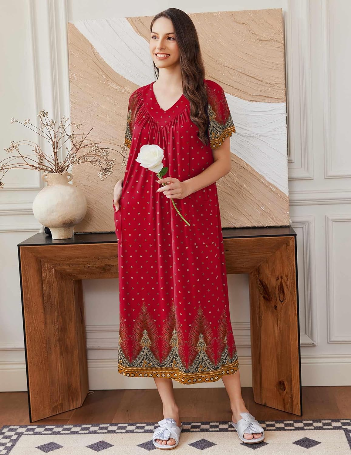 Red long nightgown with short sleeves, small dots and ornate border print