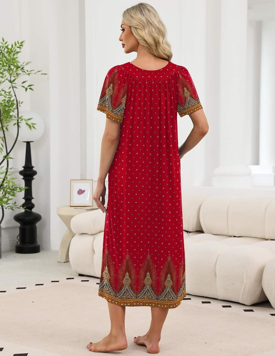 Red long nightgown back view with short sleeves and ornate hem border
