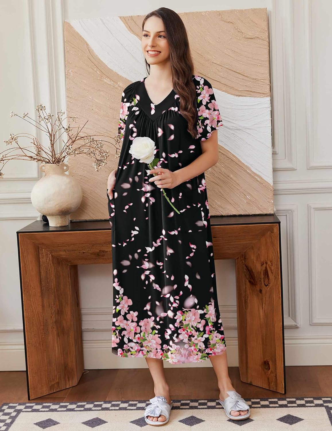Ekouaer Damen Long Nightgown mit kurzen Ärmeln, schwarzem Pink-Blumenprint