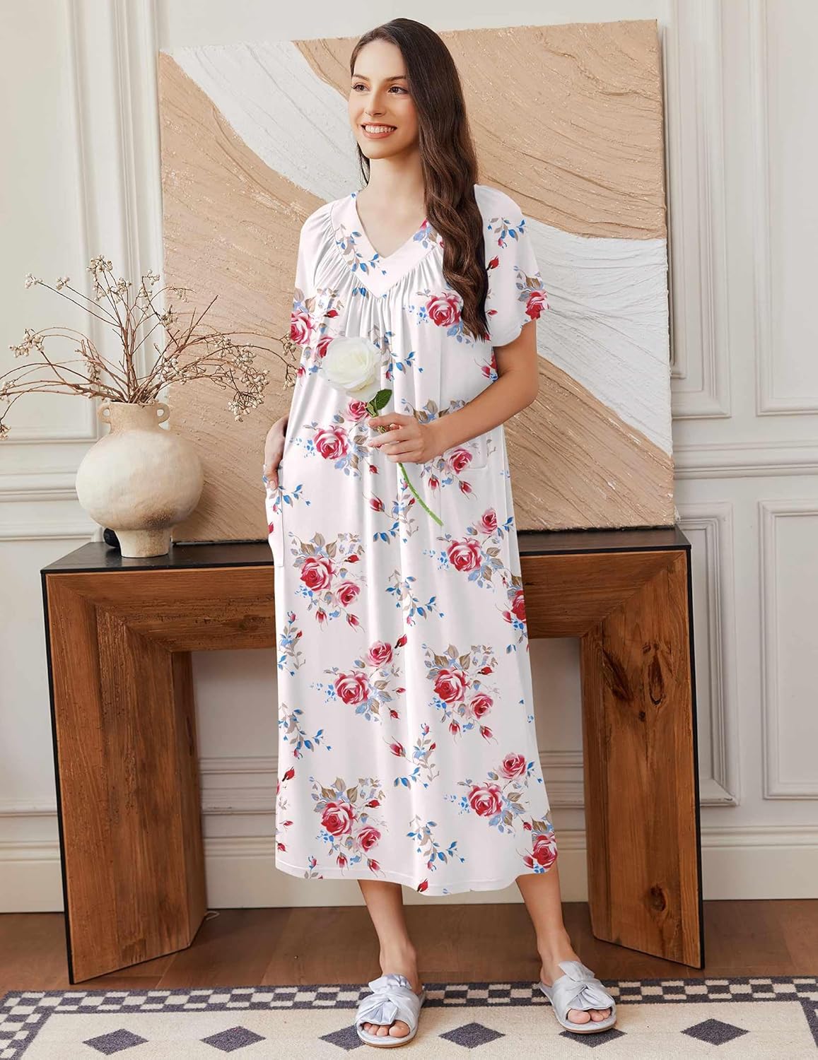 White floral long nightgown with short sleeves, pink rose print and ruffled V-neck
