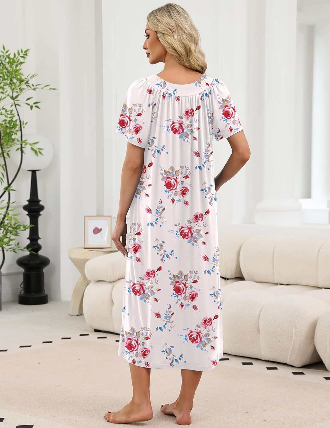 White floral long nightgown back view with short sleeves and ruffled neckline