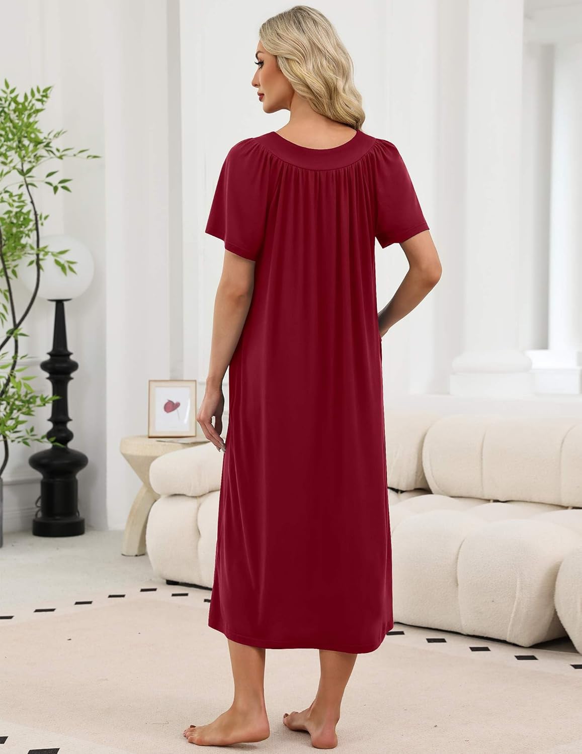 Long Nightgown weinrot, Rückenansicht, V-Ausschnitt, Kurzarm