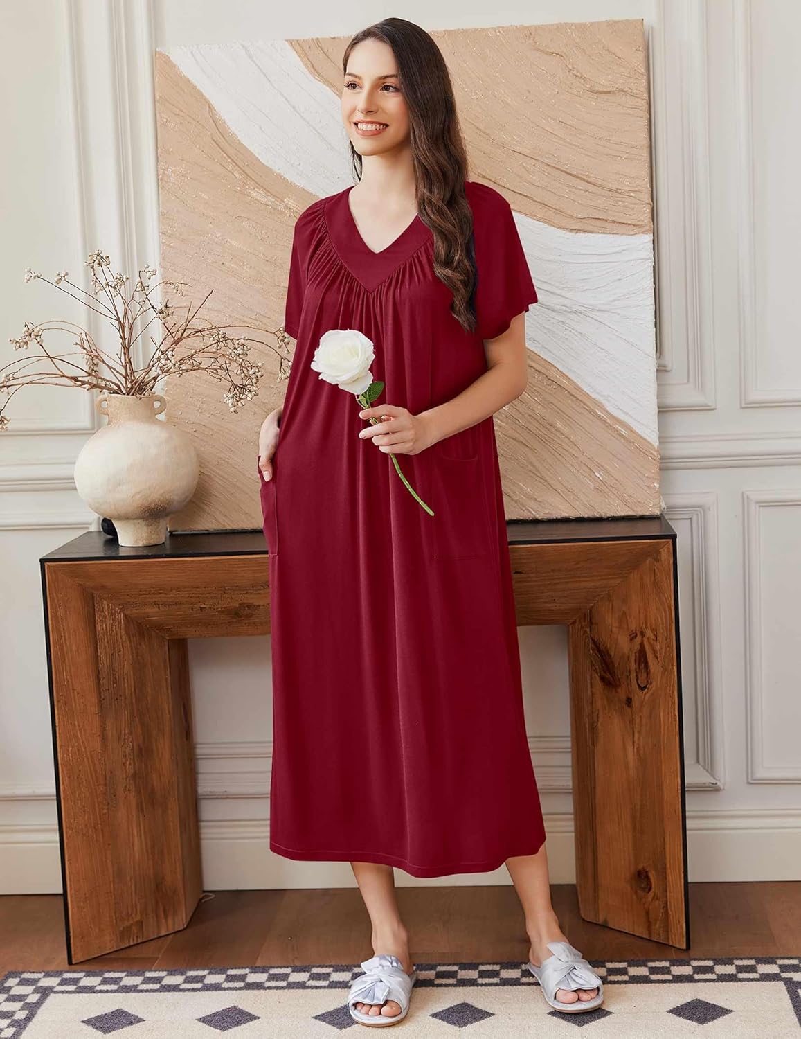 Long Nightgown weinrot, V-Ausschnitt mit Falten, Kurzarm
