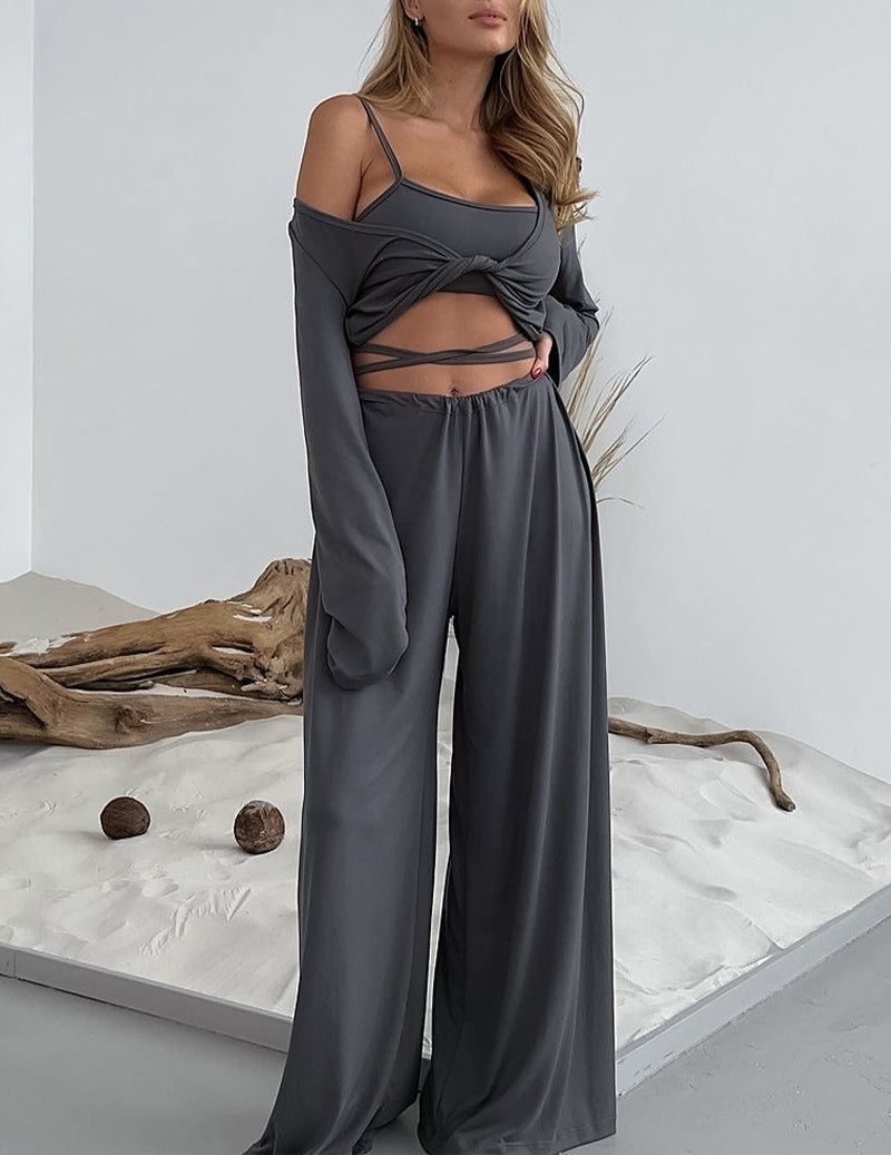 Grey 3-piece loungewear set front view: twist knot wrap top, strappy cami, wide pants