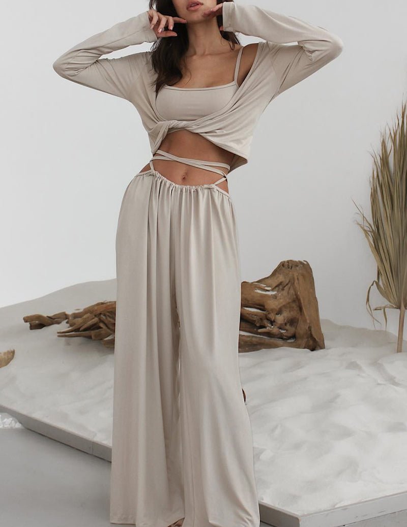 Khaki 3-piece loungewear set: long sleeves wrap top, cami, and flowy wide pants