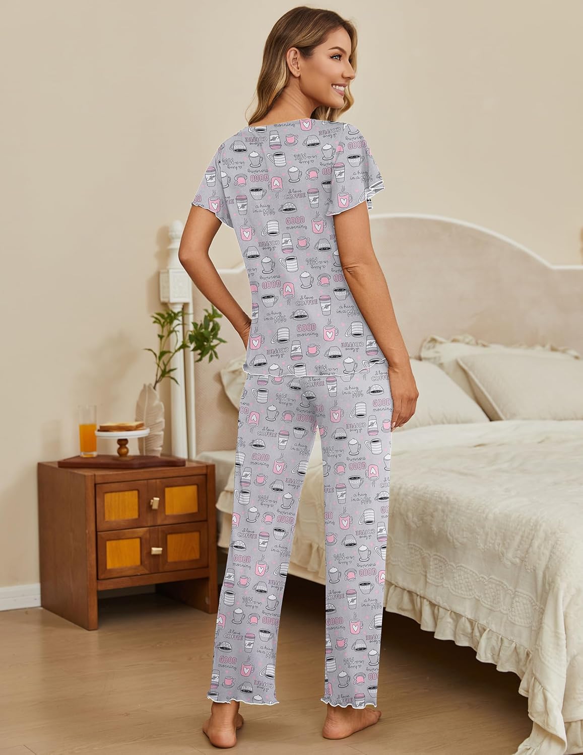 Two-piece lounge pajama set with light gray coffee-print short-sleeve top and long pants