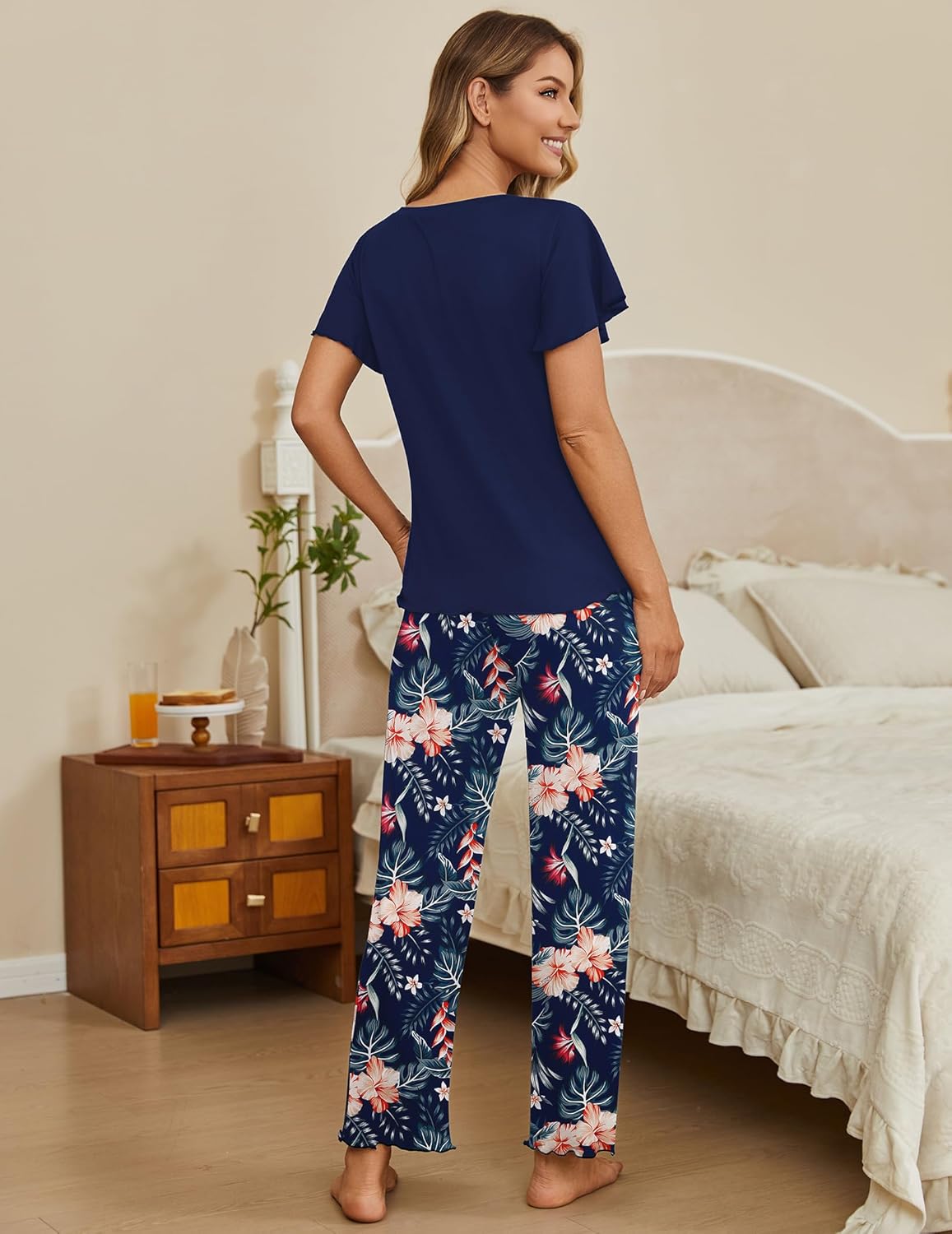 Navy 2-piece lounge set with short-sleeve top and long floral pants
