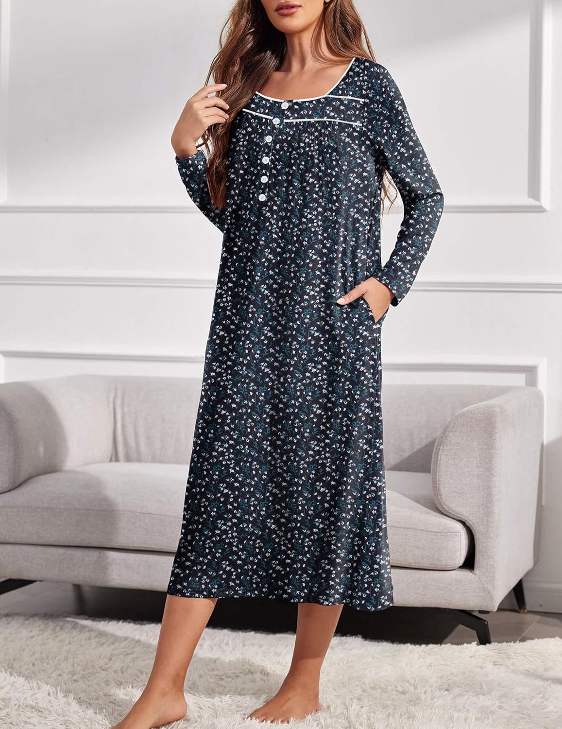 Langärmliges Henley-Nachthemd-Kleid, dunkelblau mit feinem Allover-Muster