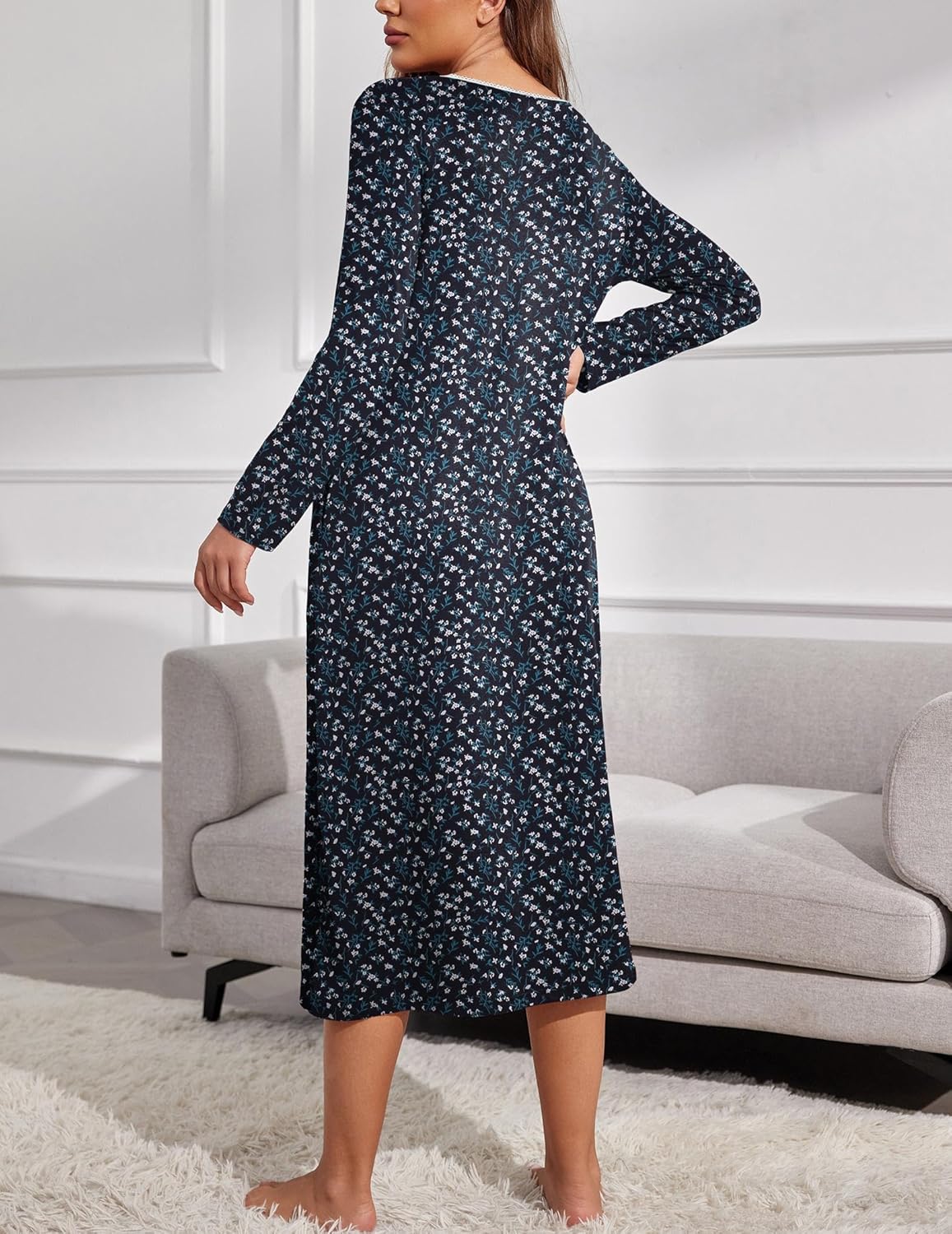 Rückansicht: Langes Henley-Nachthemd-Kleid, dunkelblau mit feinem Allover-Muster