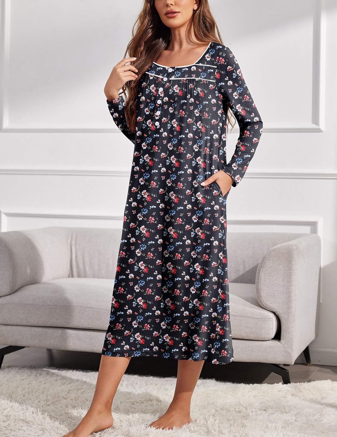 Dark floral long-sleeve henley nightgown with small pink and white flowers
