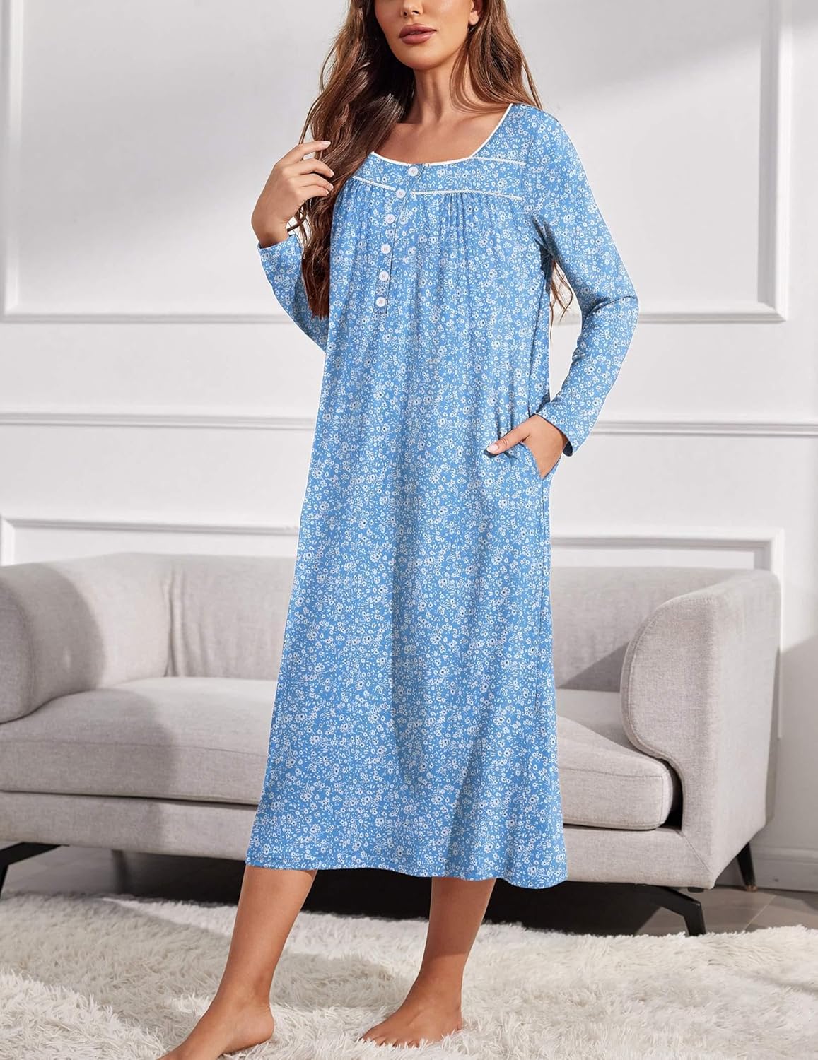 Blue long-sleeve henley nightgown with allover small floral print