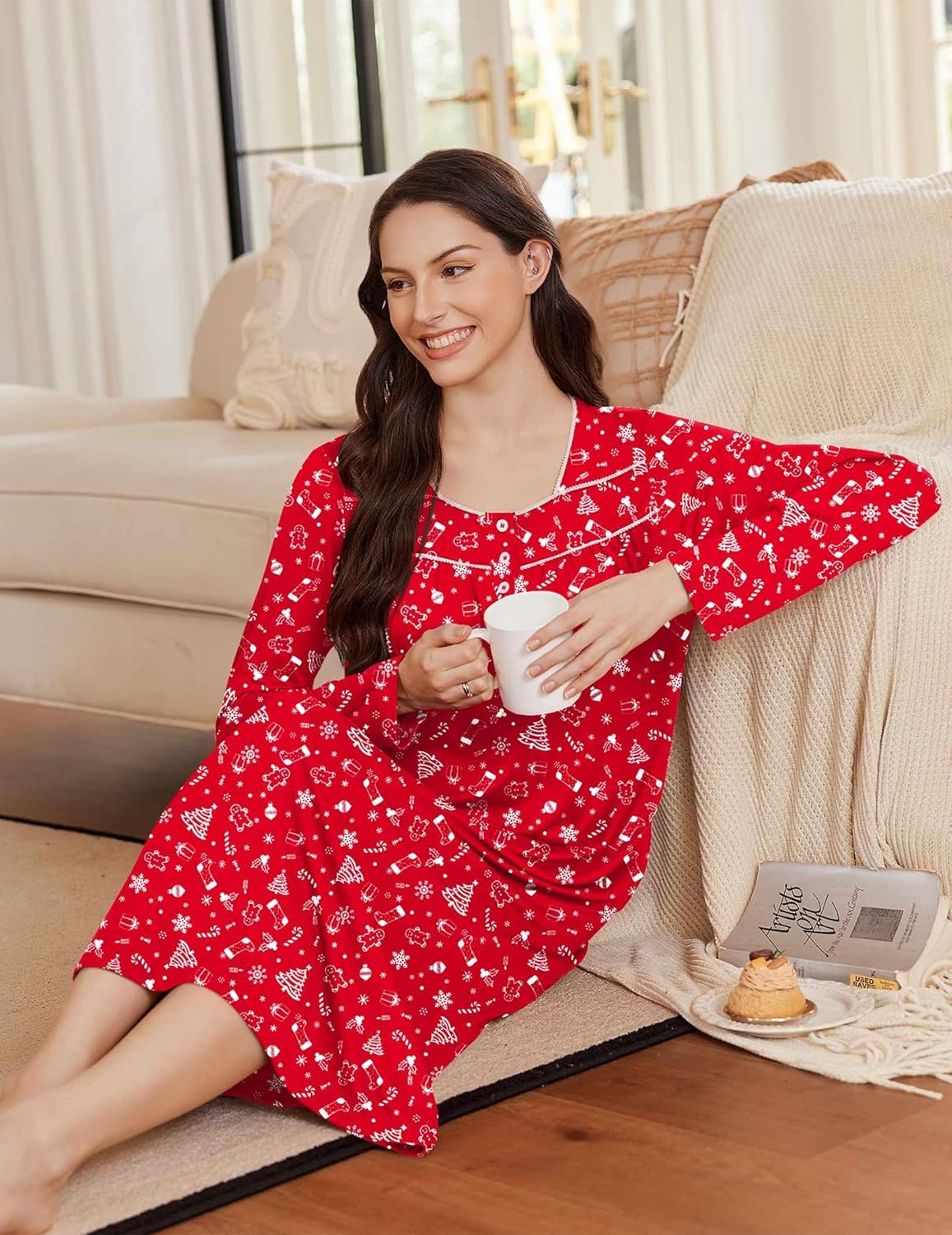 Rotes Langschlafhemd mit Henley-Ausschnitt und weitem Saum