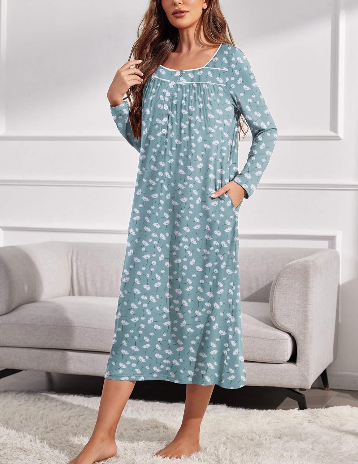Long sleep henley nightshirt, full-length teal with white floral print