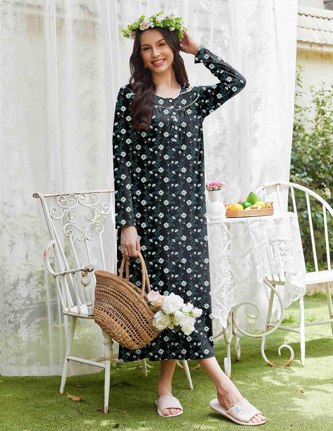 Black full-length henley nightgown with small white daisy floral pattern