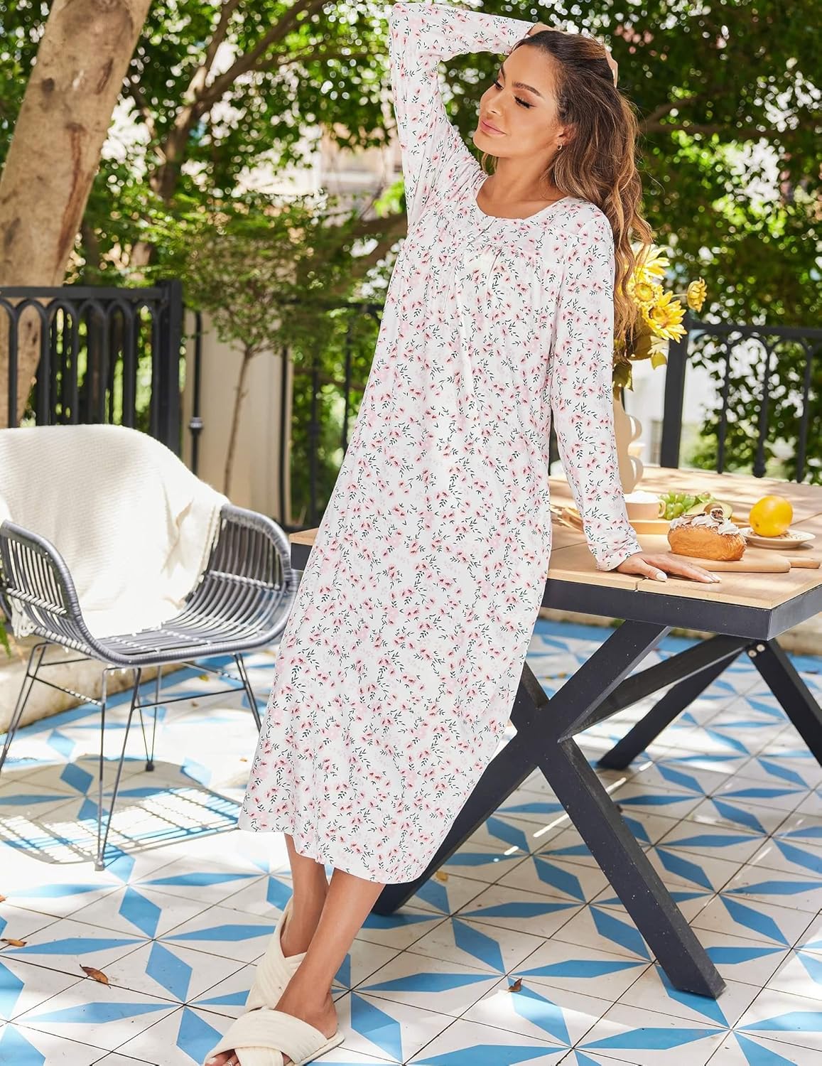 Long sleep henley nightshirt, full-length white with small pink-red floral print
