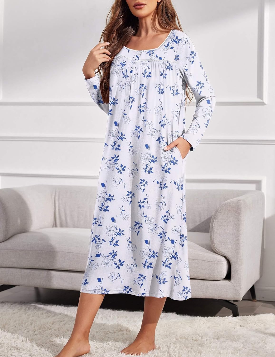 Long sleep henley nightshirt, full-length white with blue floral print
