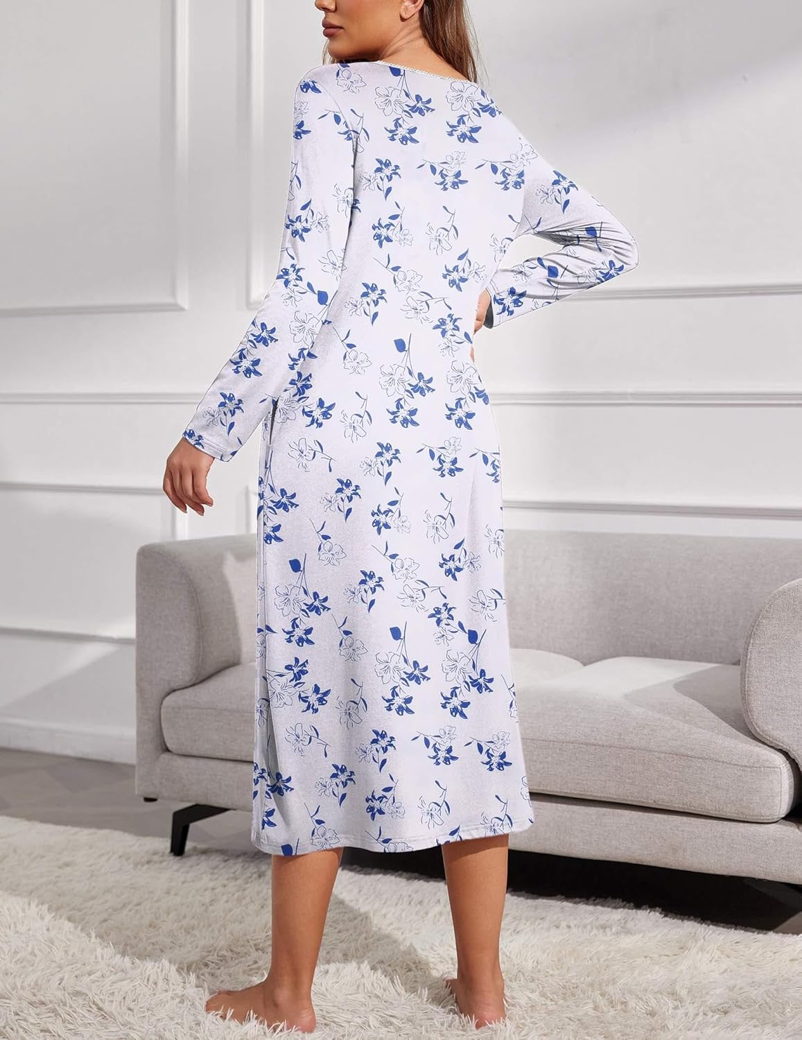 Full-length henley nightgown, white with blue floral pattern, long sleeves