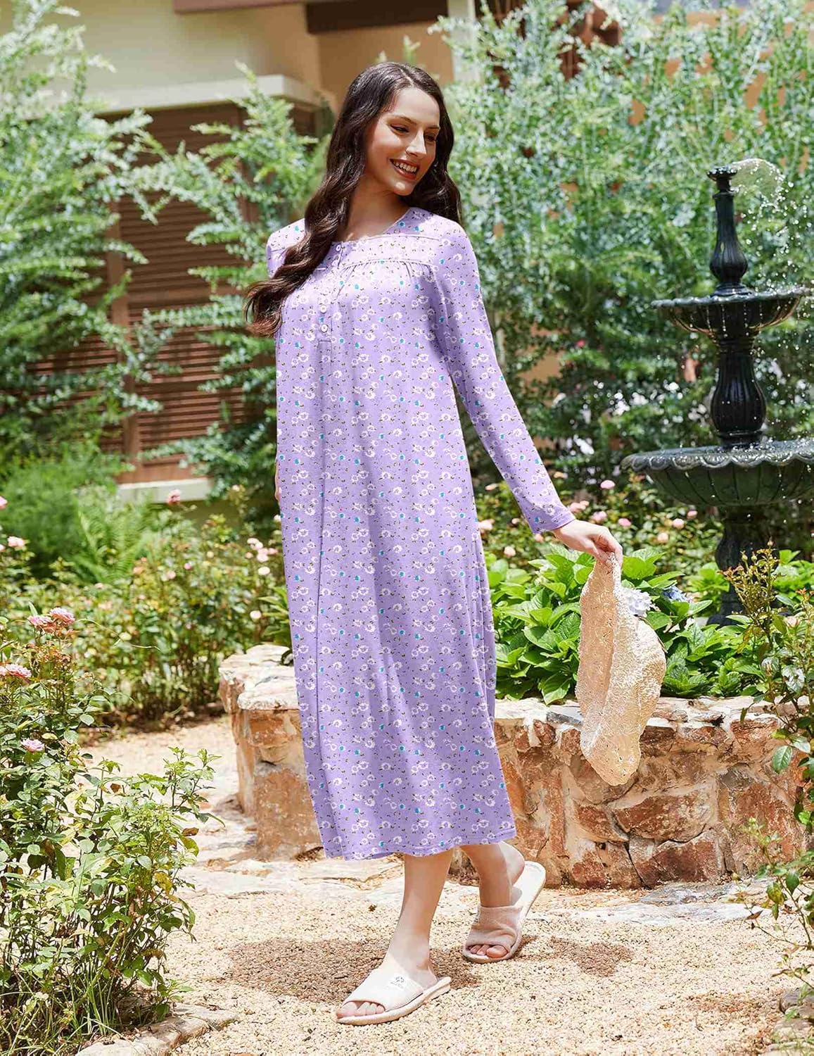 Full-length long sleep shirt, lilac with allover purple floral print, long sleeves