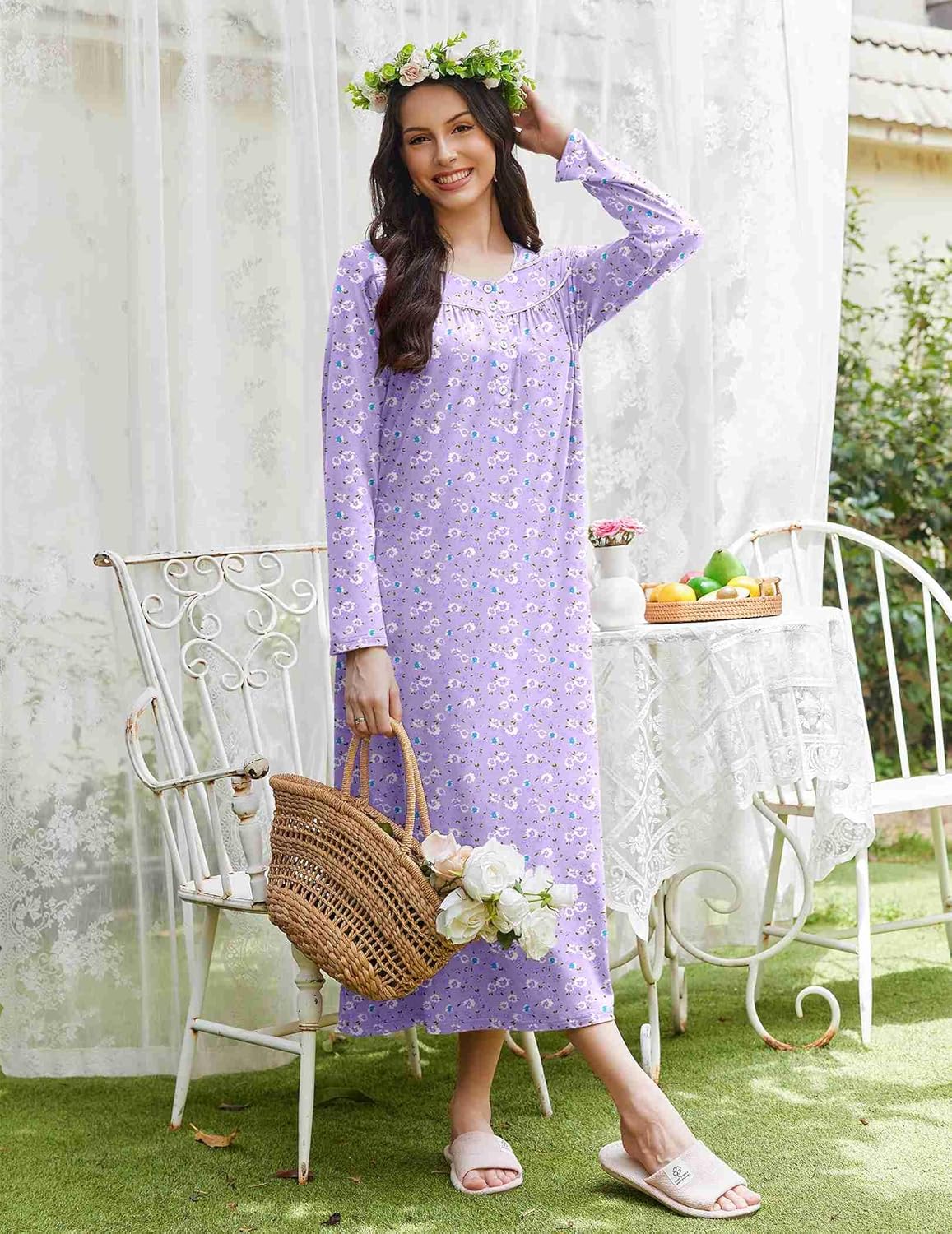 Henley long nightgown, full-length lilac with purple micro-floral print