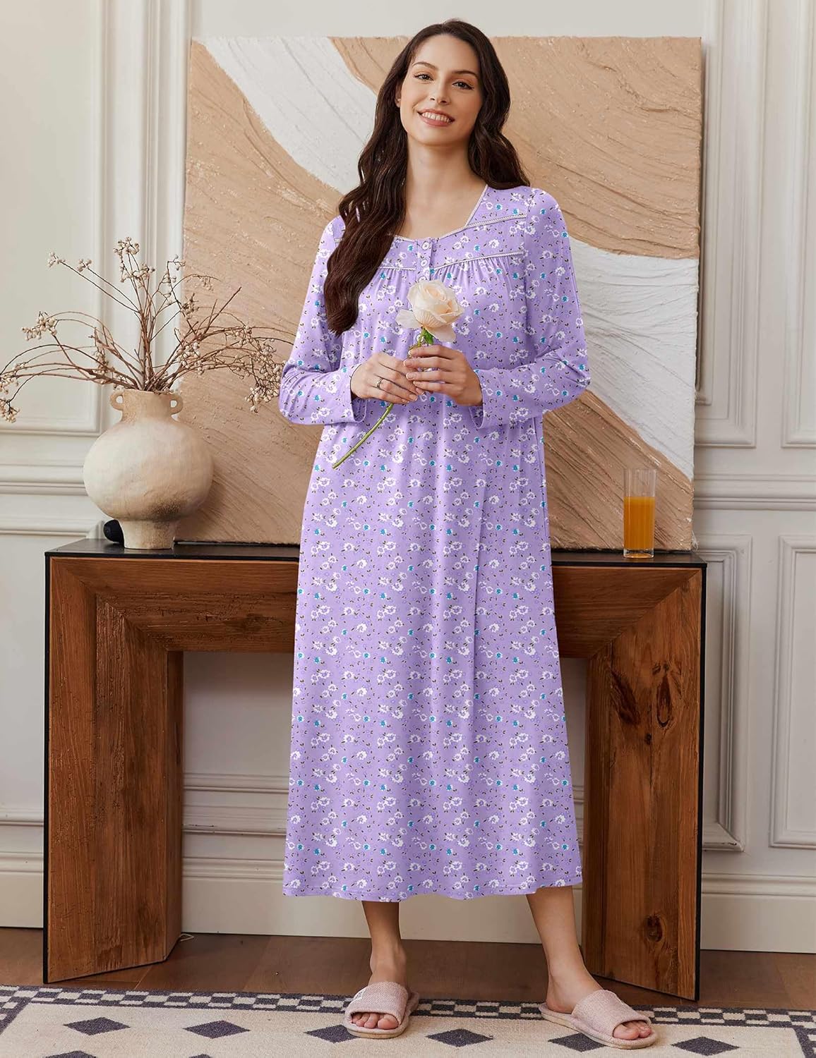 Long sleep nightshirt henley, full-length lilac with small purple floral print