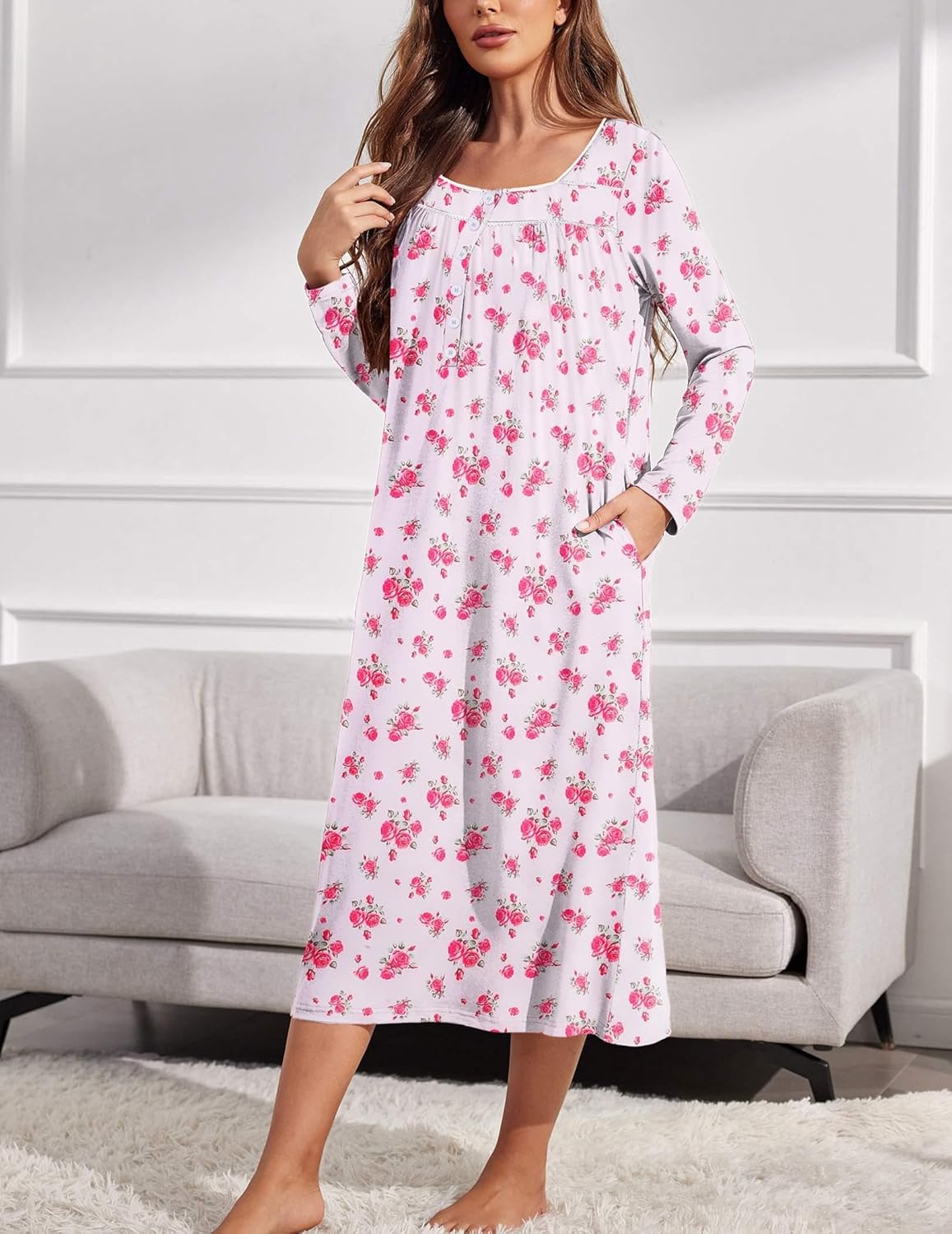 Long sleep henley nightshirt, full-length white with pink floral print
