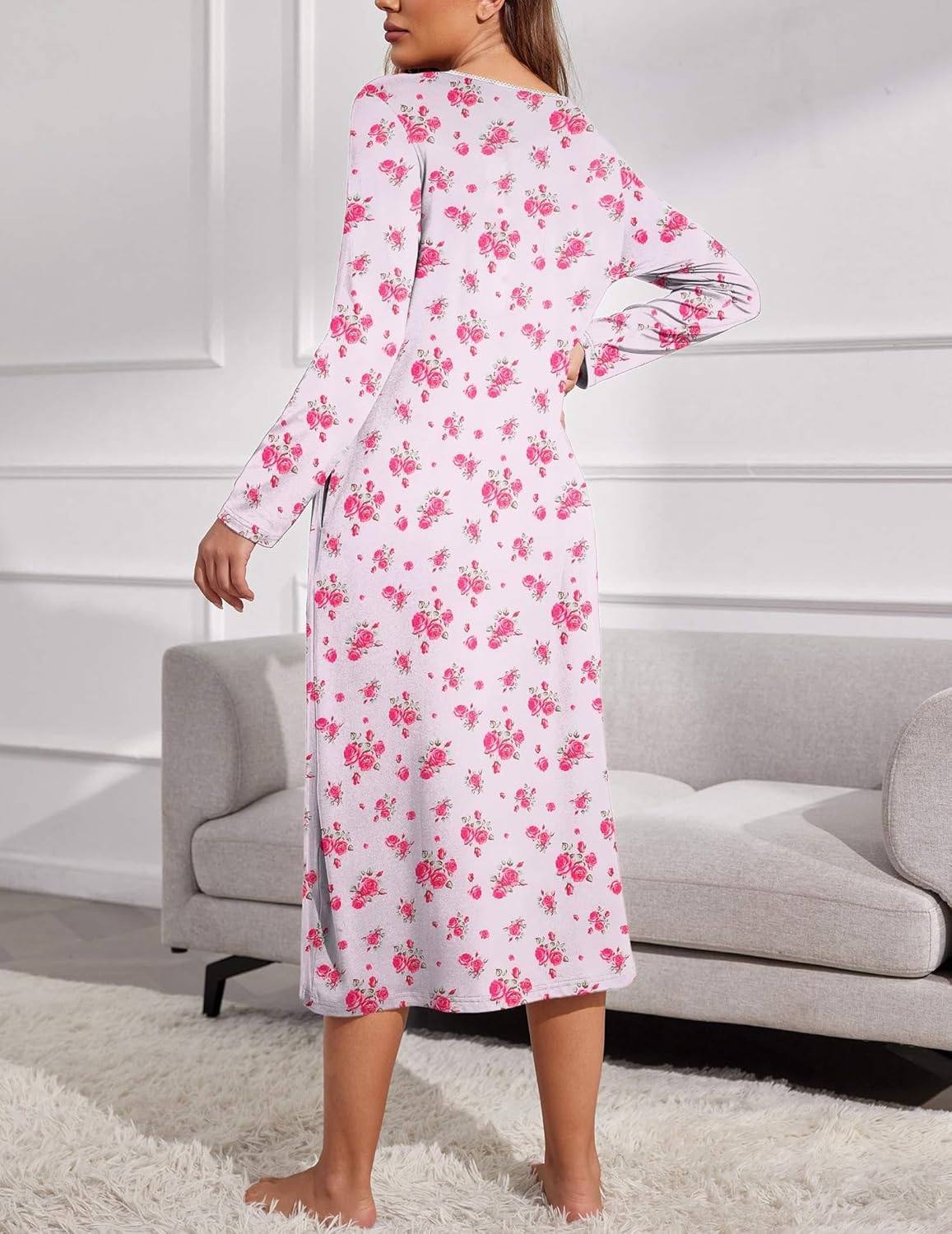 Full-length henley nightgown, white with pink floral pattern, long sleeves