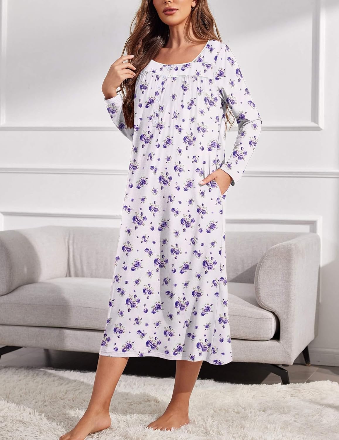 White full-length henley nightshirt with small purple floral print