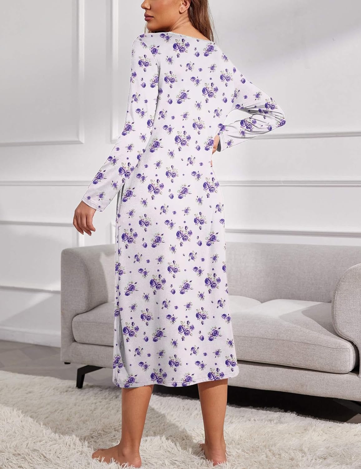 Back view: white long nightgown with small purple floral pattern