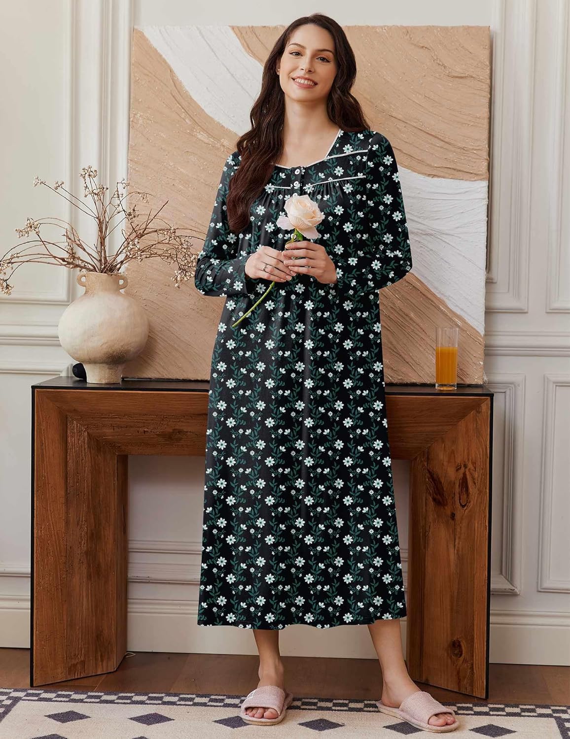 Black long henley nightshirt dress with white daisy floral print