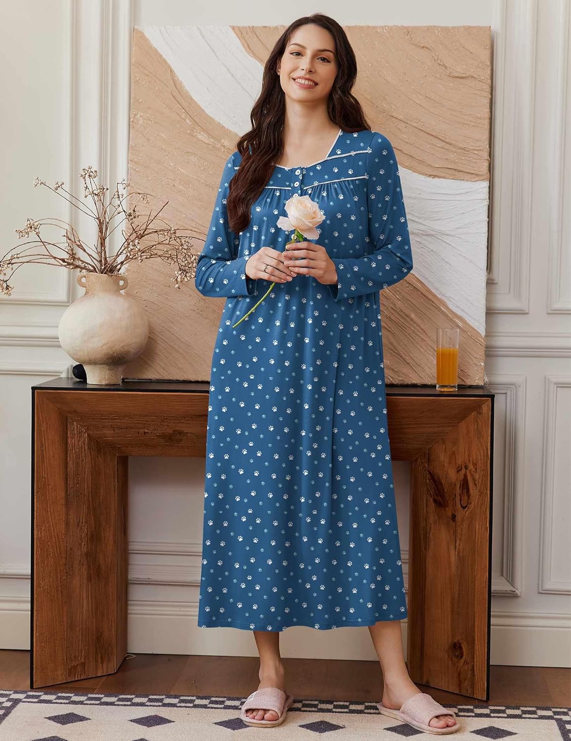 Langes Henley-Nachthemd-Kleid, blau mit kleinem Allover-Muster, Knopfleiste am Ausschnitt