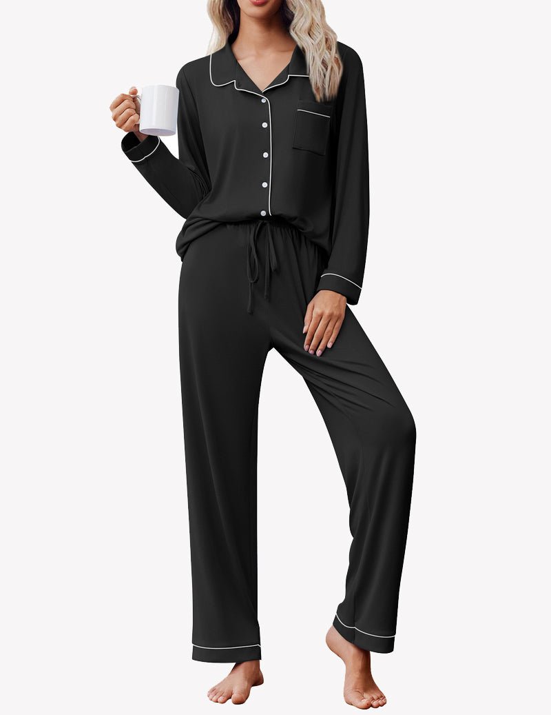 Black long-sleeve button-down pajama set with matching drawstring pants