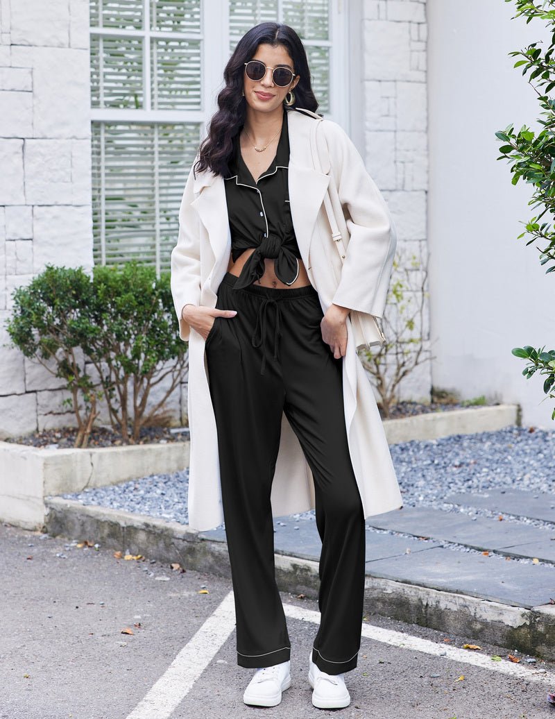 Long sleeve button-down pajama set in black, front button top with drawstring pants