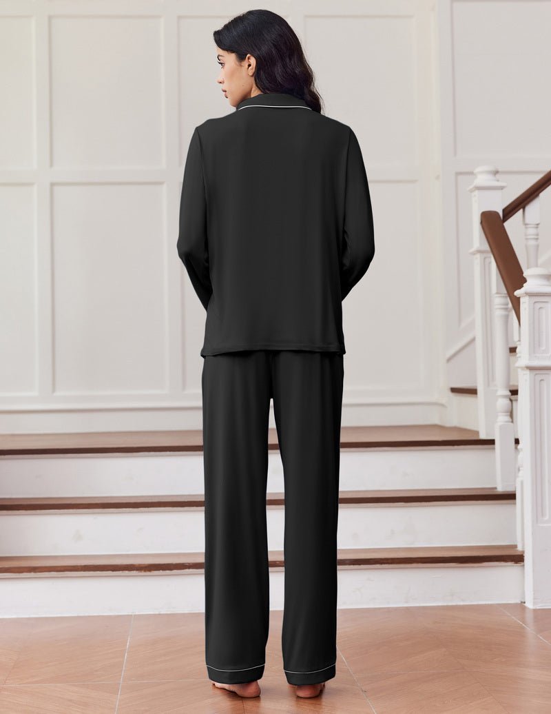 Long sleeve button-down pajama set, dark black, with matching drawstring pants (back view)