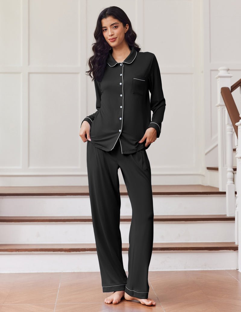 Black pajama lounge set with button-front top and chest pocket, tapered pants