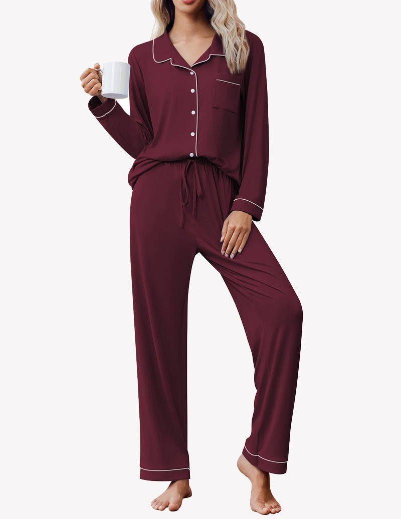 Long sleeve button-down pajama set in burgundy, collared button top and drawstring pants