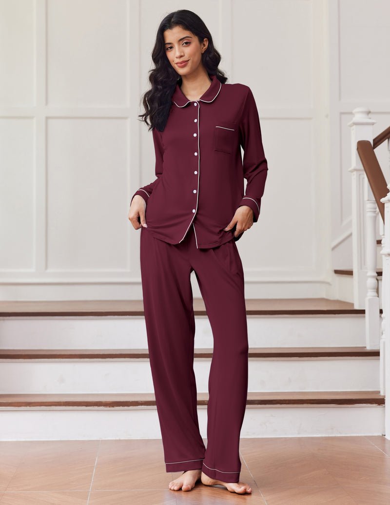 Long sleeve button-down pajama set in burgundy, button-front shirt with drawstring trousers