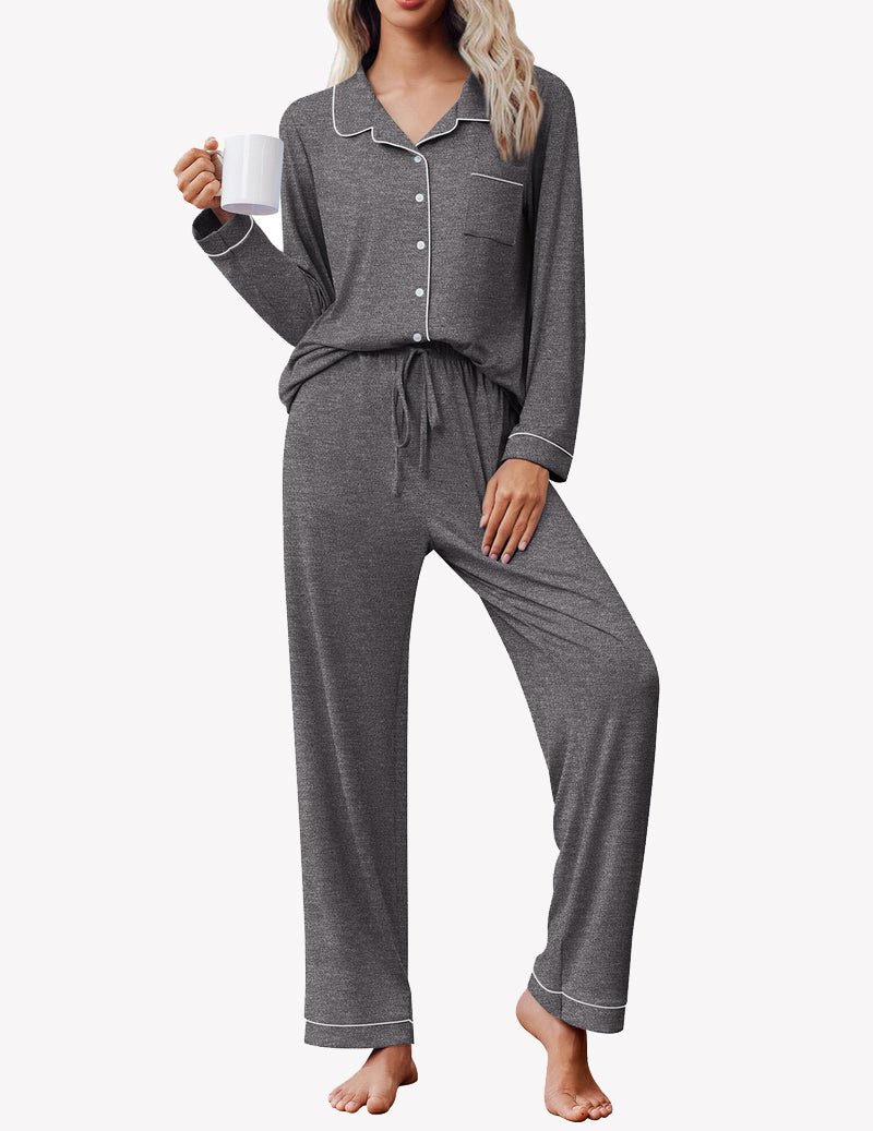 Long sleeve button-down pajama set in dark gray, button-up top and drawstring pants