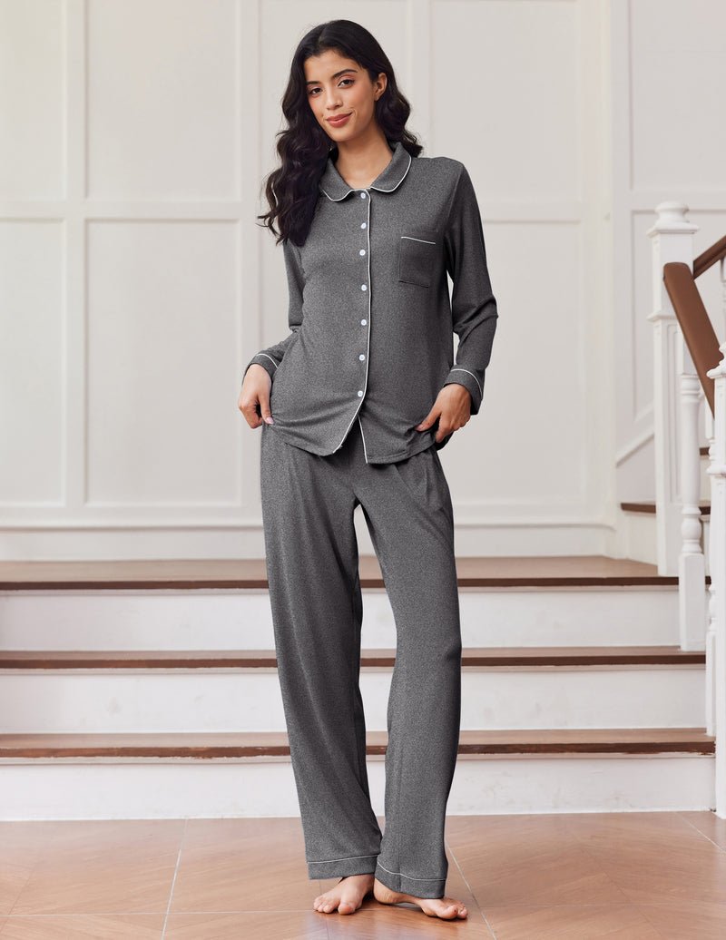 Long sleeve button-down pajama set in dark gray, front button closure with drawstring waist