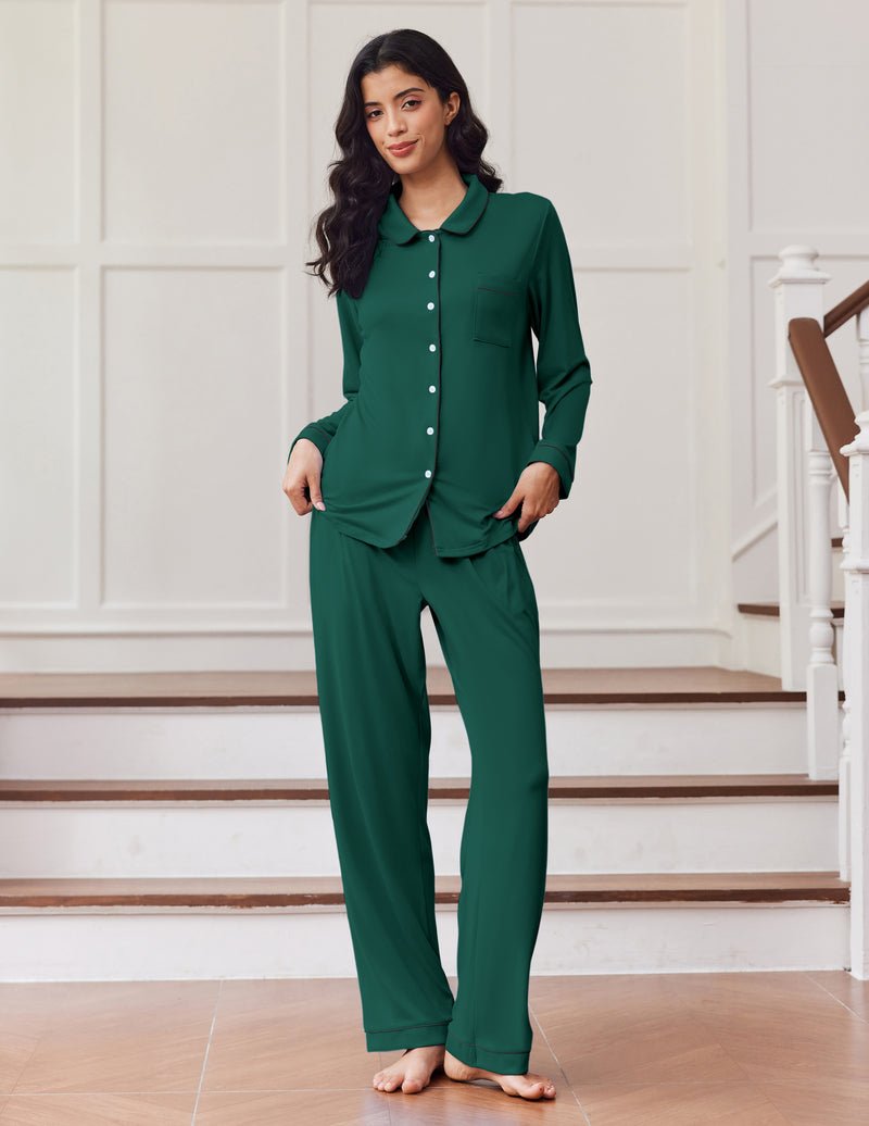 Long sleeve button-down pajama set in dark green, front button top with drawstring waist