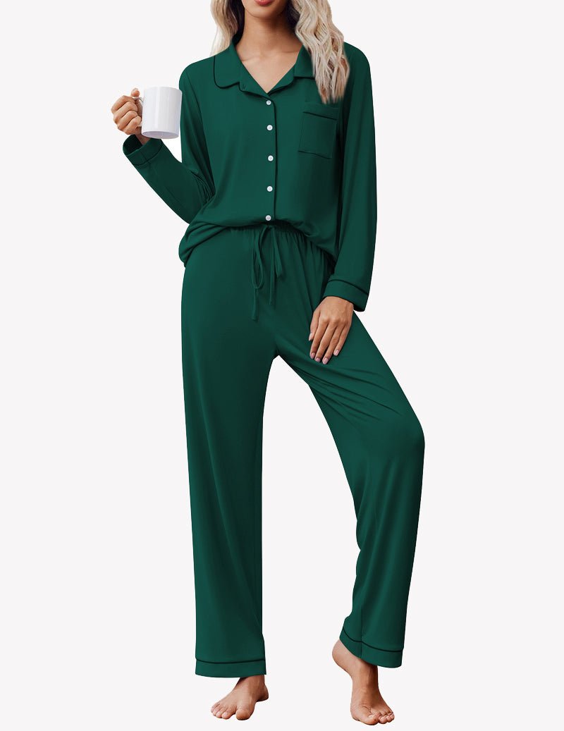 Long sleeve button-down pajama set in dark green, collared top with drawstring pants