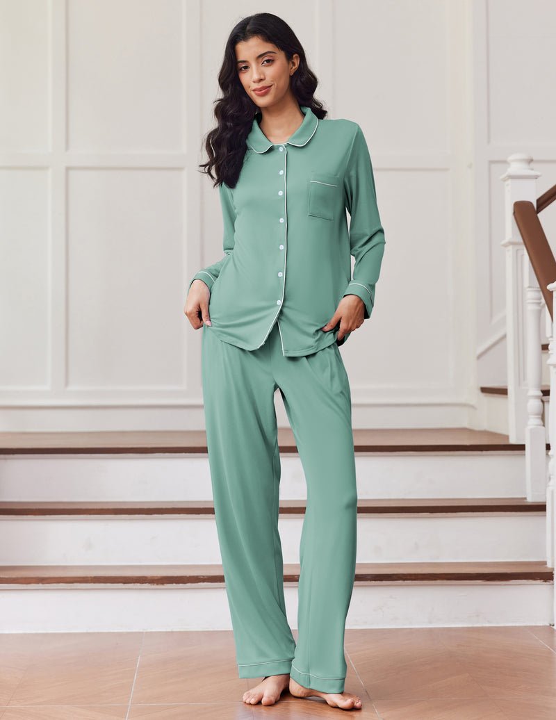 Langarm-Buttondown Schlafanzug-Set in Grün, Knopfleiste und Brusttasche