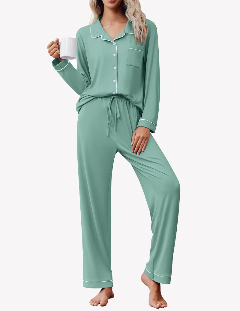 Long sleeve button-down pajama set in green, button-front top with drawstring pants