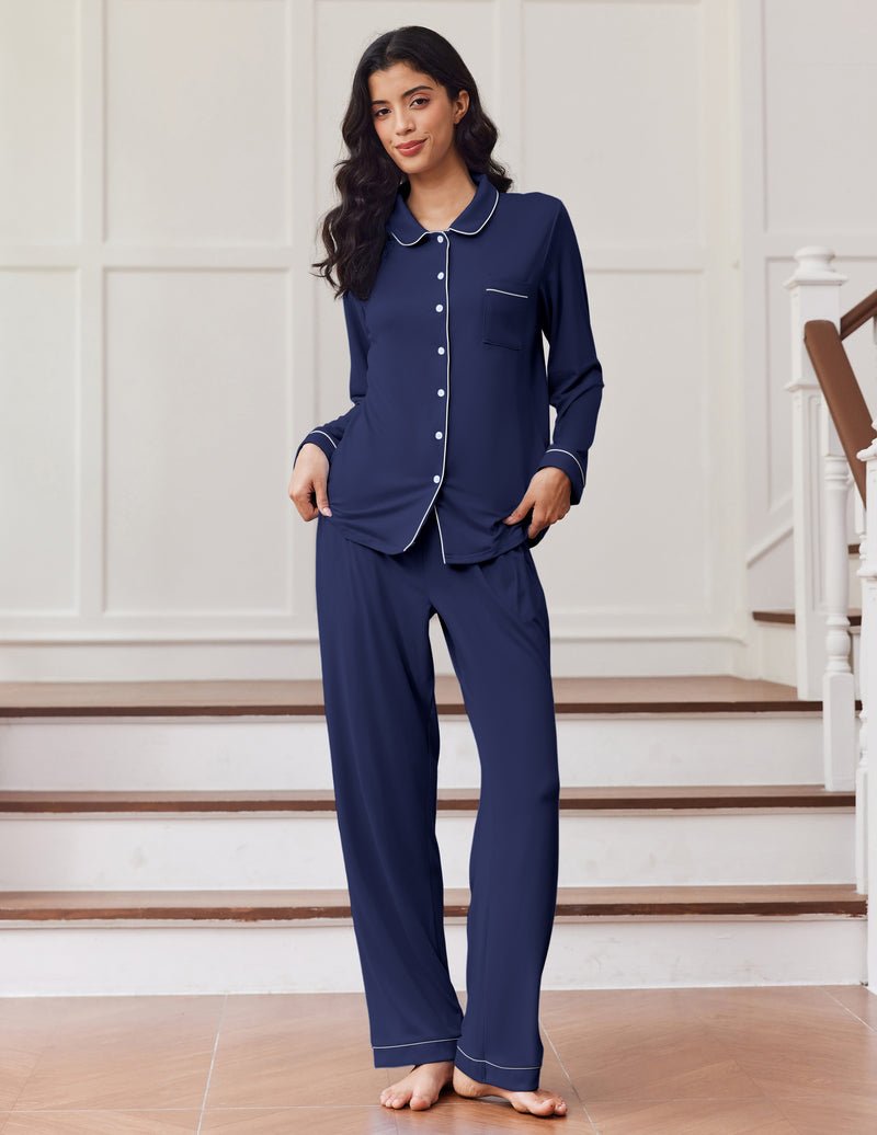Dunkelblaues Longsleeve-Pyjama-Set mit Knöpfen vorn und Brusttasche