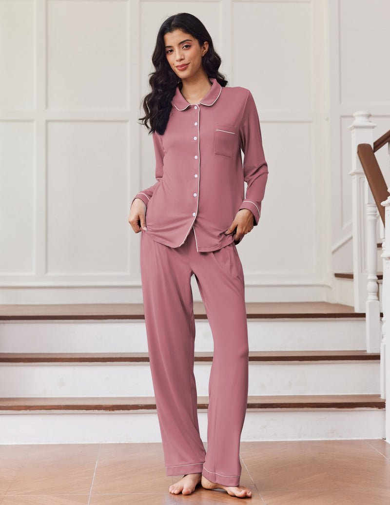 Rosenholzrosa Pyjama-Set mit langer Hose, Knöpfen vorn und Brusttasche