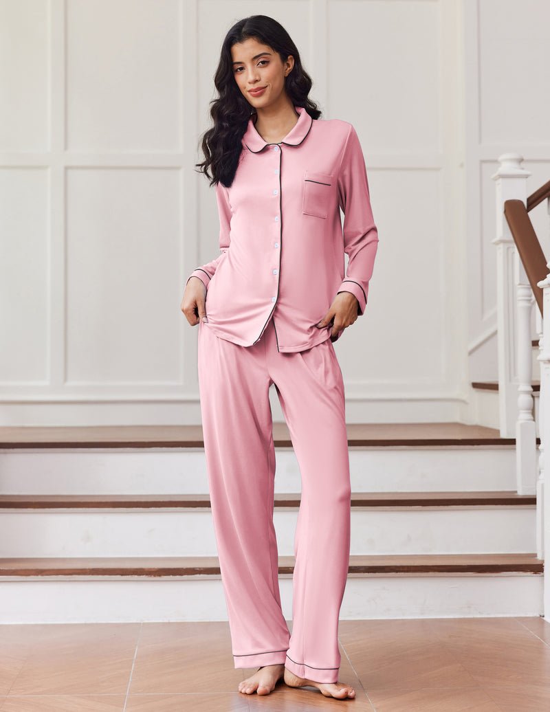 Rosa Pyjama-Set mit Brusttasche, Knöpfen vorn und langem Schlafanzugoberteil
