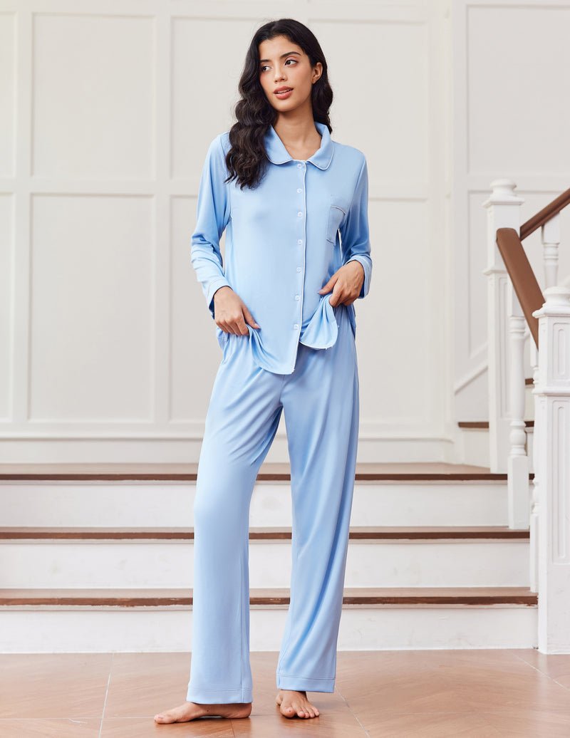Light blue long-sleeve button-down pajama set with matching drawstring pants
