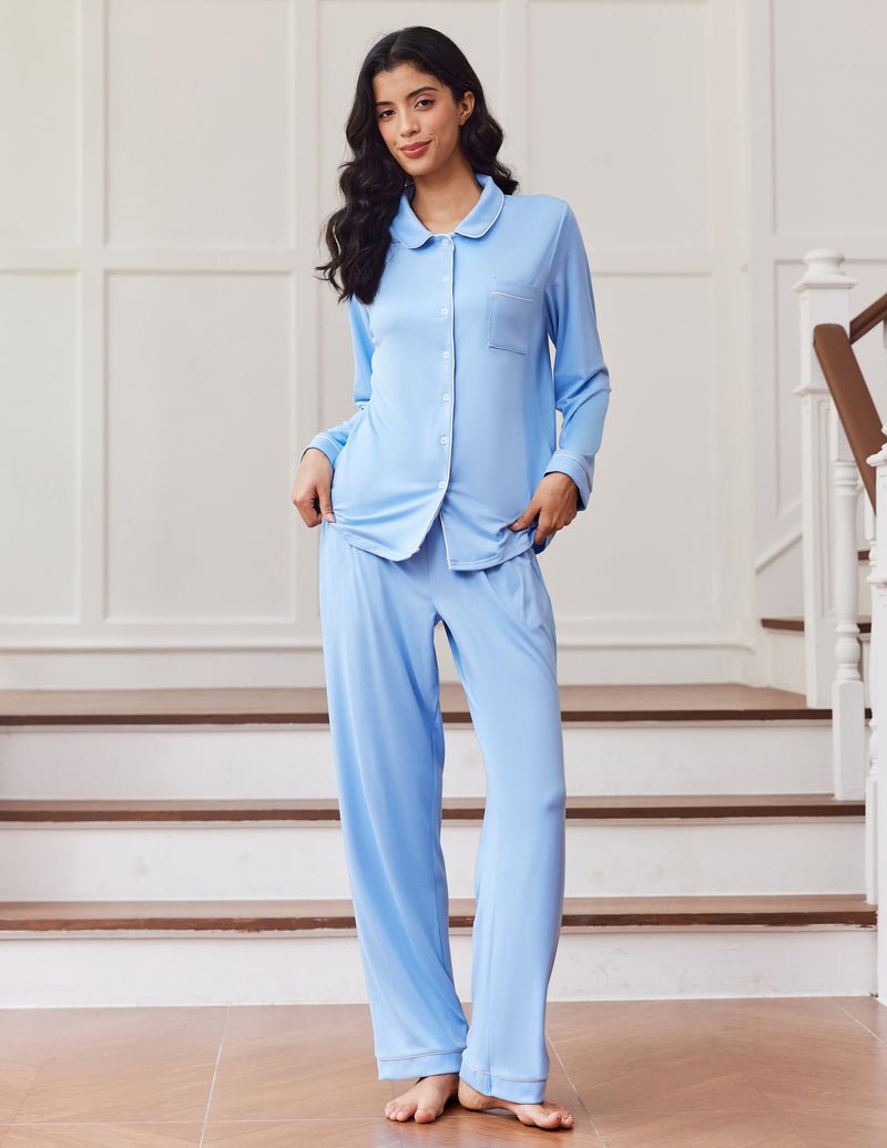 Light blue long-sleeve button-down pajama set with matching straight-leg pants