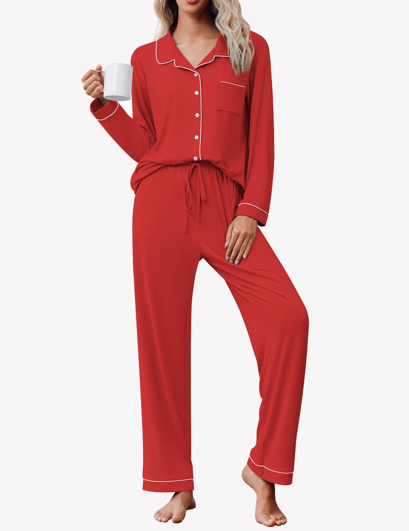 Red pajama lounge set, button-front top with chest pocket and tapered pants