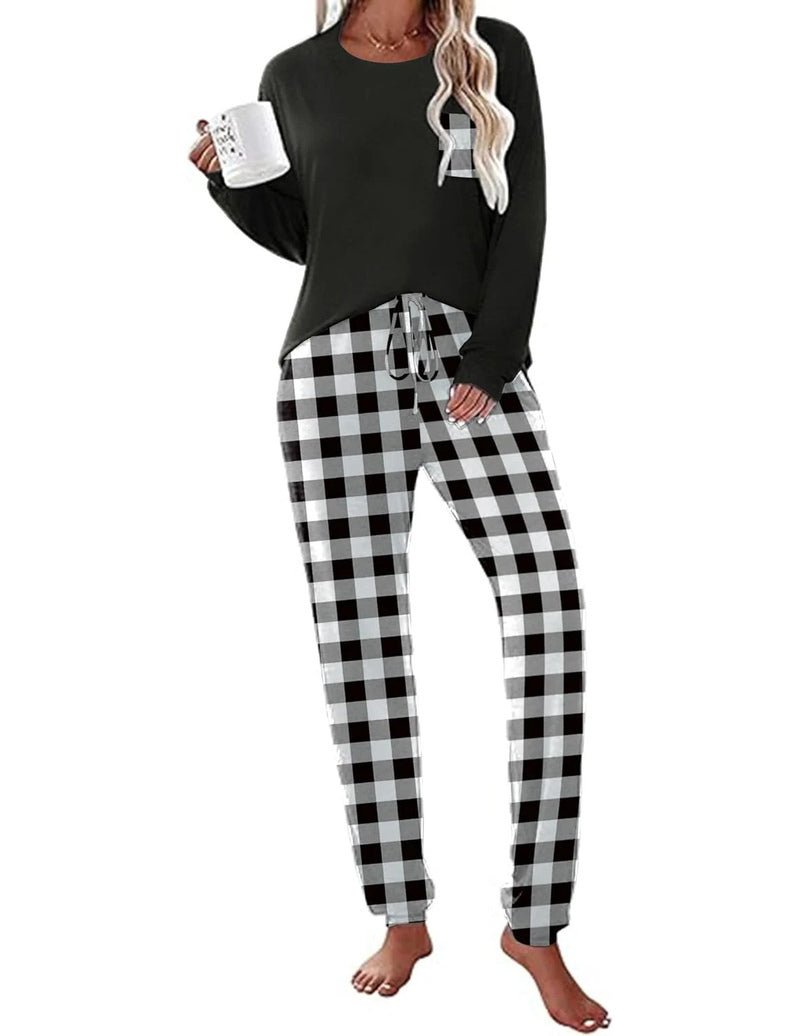 Long Sleeve Christmas PJ set: black long-sleeve top with black-and-white plaid drawstring pants